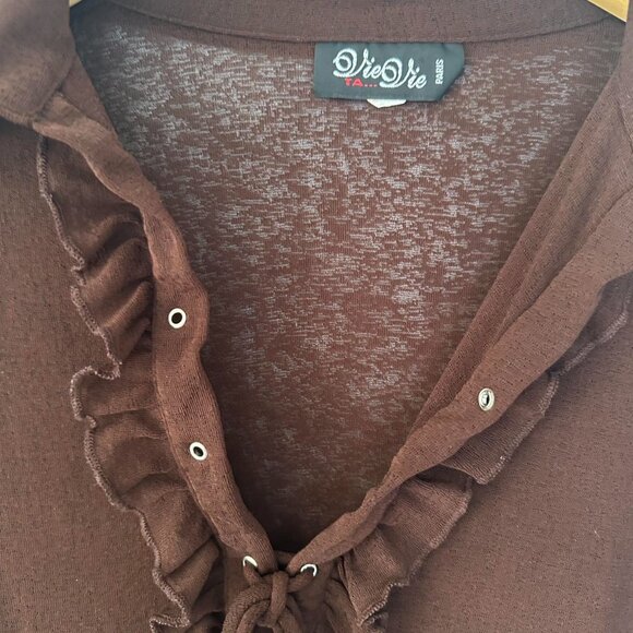 Vintage Y2K Chocolate Brown Ruffle Tie-Up Sheer Top - Made in Canada - Picture 5 of 8